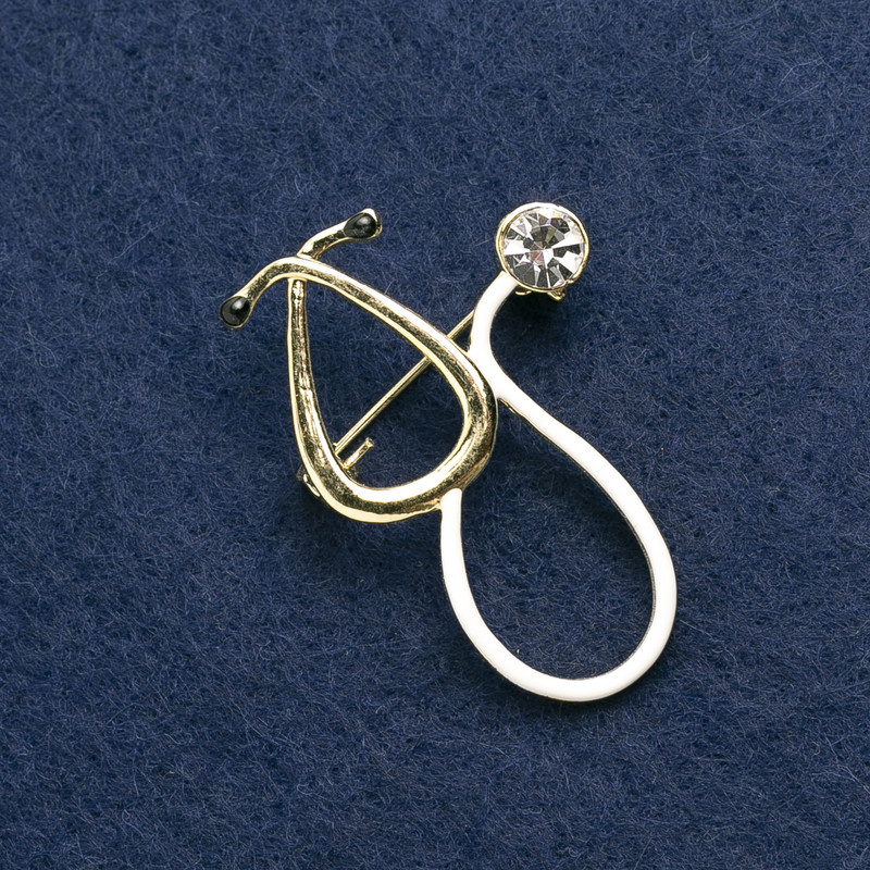 Stethoscope Brooch with White Enamel, White Stone, Gold-Tone Metal 43×29 mm