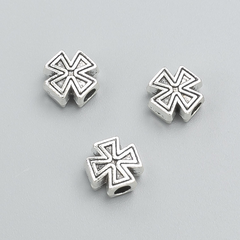 Bead insert cross, metal color "silver", 9x9x4 mm, 5 mm, packaged 20 g, 18 pcs +-