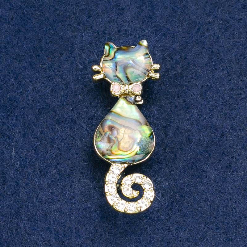 Abalone Cat Brooch with White Crystals, Gold-Tone Metal 38x15mm