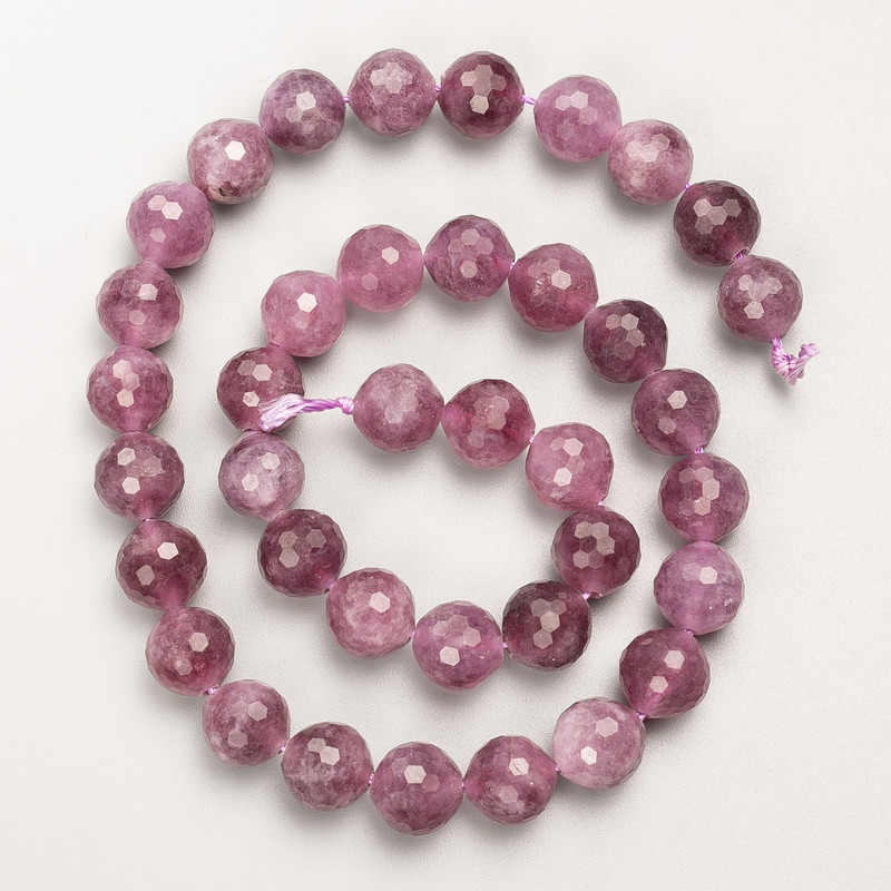 Rubellite Tourmaline Beads — Natural Gemstone Faceted Spheres on Thread, Diameter 10 mm ±, Length 38 cm ±