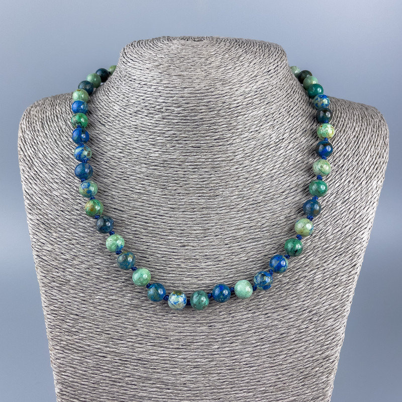 Chrysocolla and Azurite Necklace with Smooth Beads, 8mm Diameter, 48cm Length
