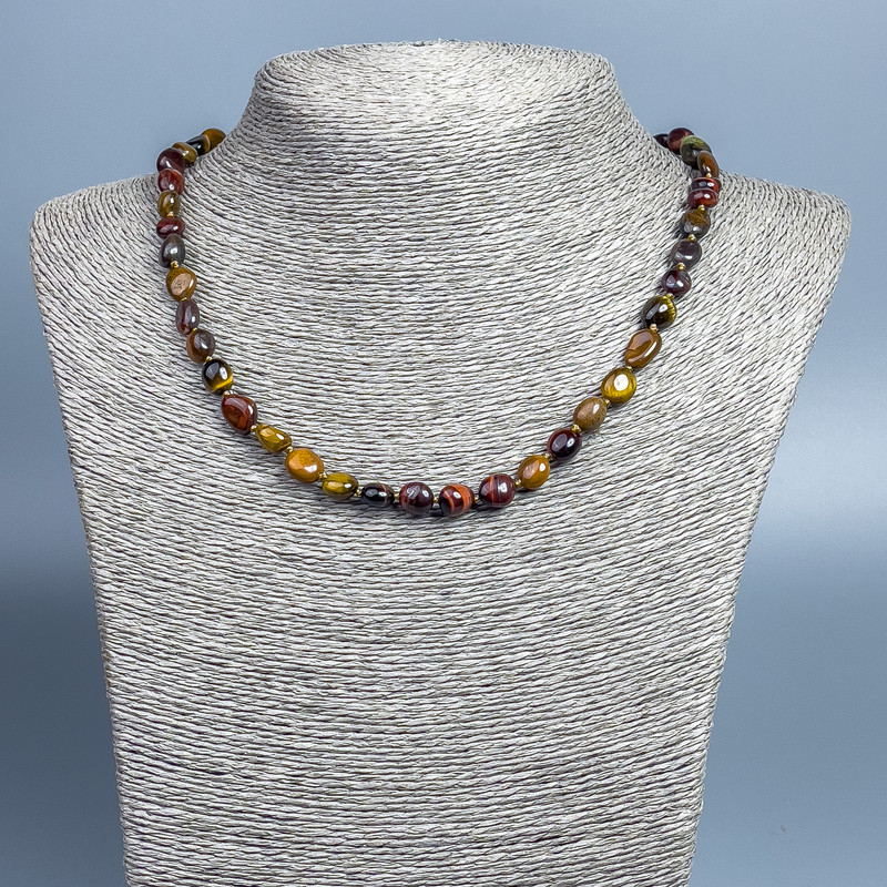 Tiger's Eye, Bull's Eye, and Falcon's Eye Necklace with Faceted Cylindrical Beads, Diameter 9x7 mm+-, Length 46 cm +