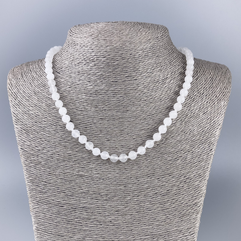 Necklace with imitation white quartz (acrylic) smooth beads, diameter 6.5 mm, length 47 cm
