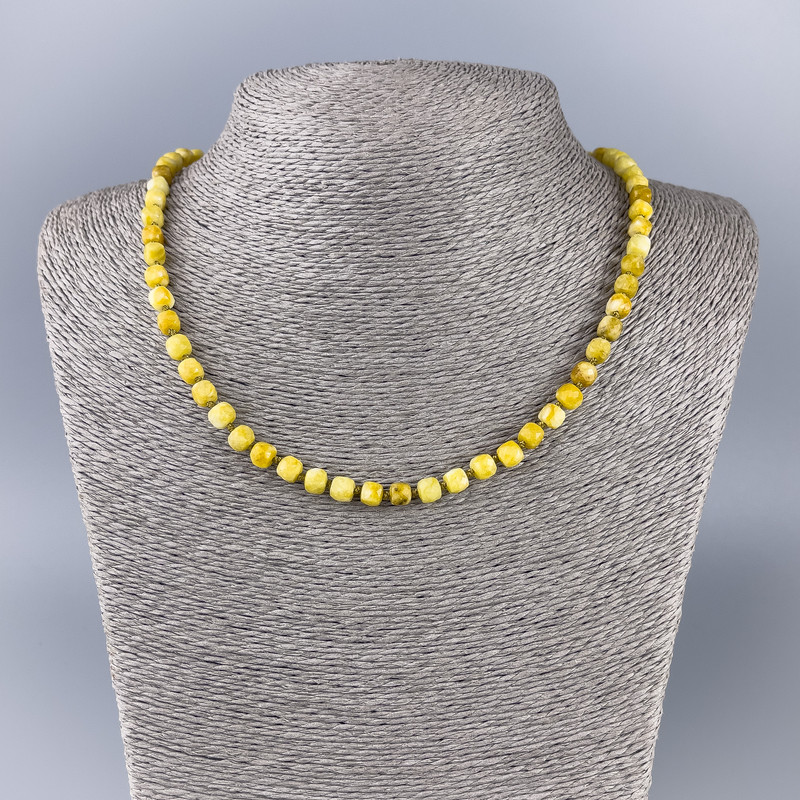 Yellow Jadeite Necklace with Faceted Cube Beads, Natural Stone, Diameter 5.5 x 5 mm, Length 50 cm