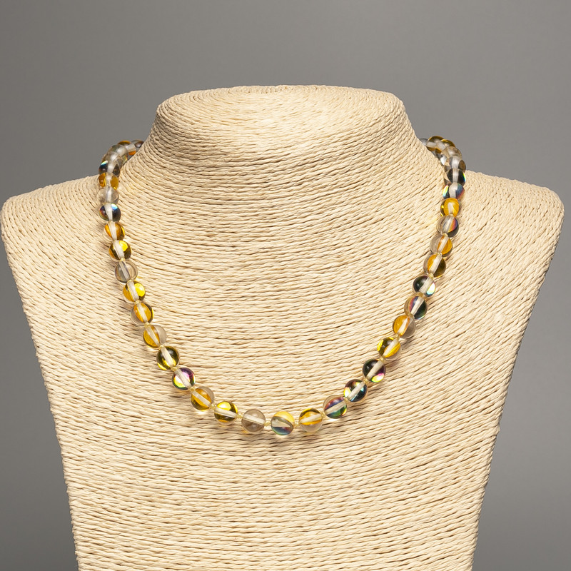 Opal Glass Necklace 'Yellow Chameleon' - smooth beads, diameter ~8 mm, length ~49 cm