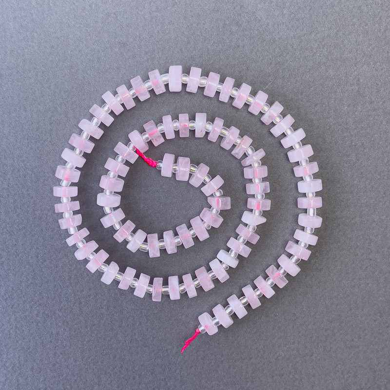 Pink Quartz Beads - natural stone disc on thread, 7x3 mm diameter, about 40 cm long, with seed beads 3x2 mm