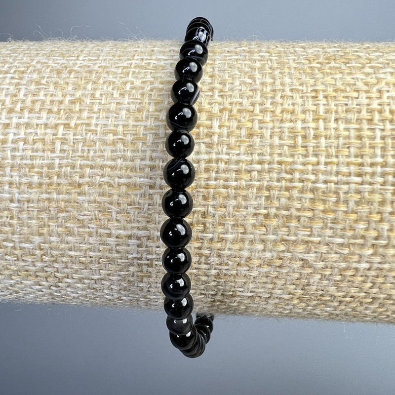 Black Eye Agate Bracelet, natural stone, smooth beads, 4mm diameter, 18cm length (stretch)