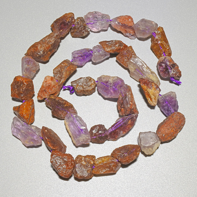 Amethyst and Strawberry Quartz Beads, natural unpolished gal'tivka stone, diameter 9x13 mm ±, length 39 cm ± on a thread