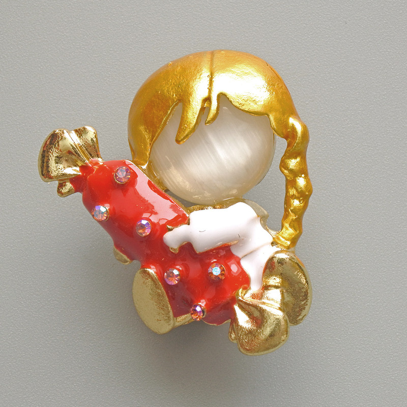 Brooch 'Girl with Candy' White Cat's Eye, red and white enamel, chameleon crystals, gold-tone metal 25x30mm